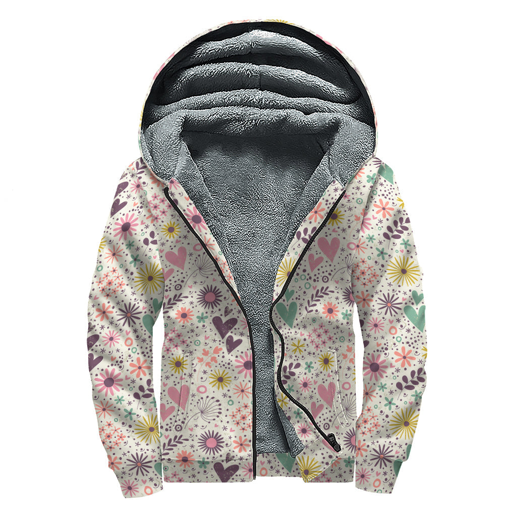 Groovy Girly Heart and Flower Pattern Sherpa Lined Zip Up Hoodie for Free Spirited Hippies - 1