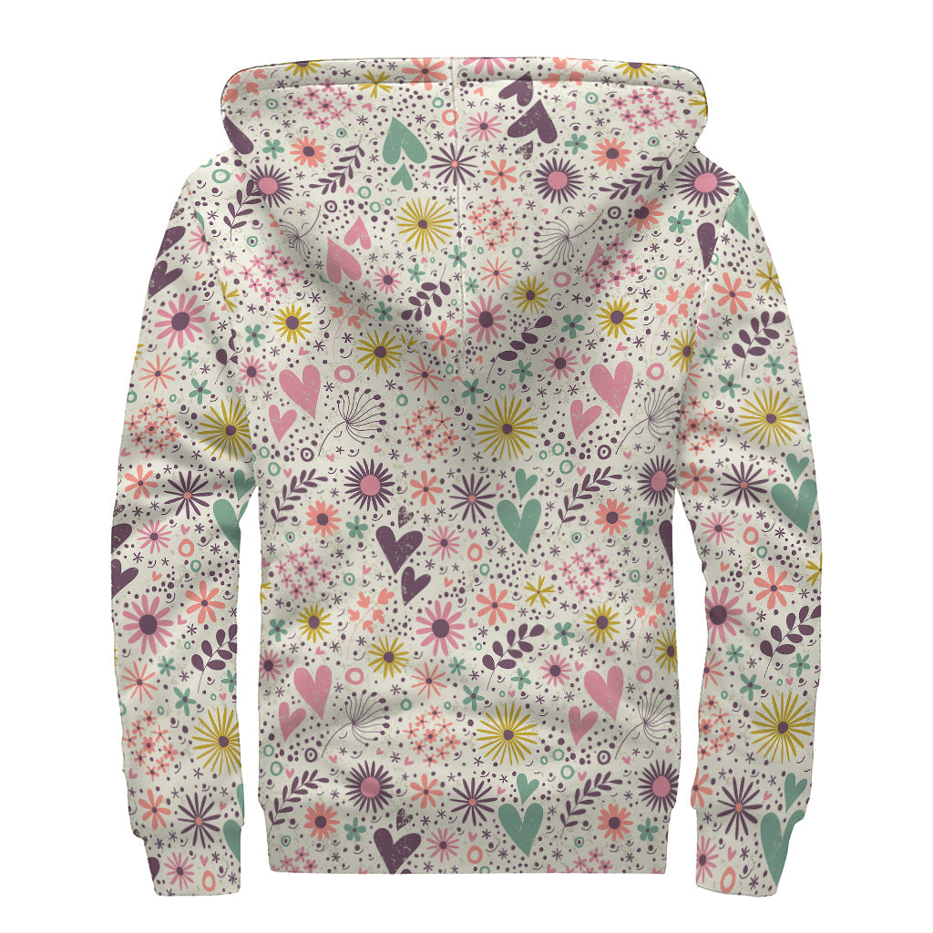 Groovy Girly Heart and Flower Pattern Sherpa Lined Zip Up Hoodie for Free Spirited Hippies - 2