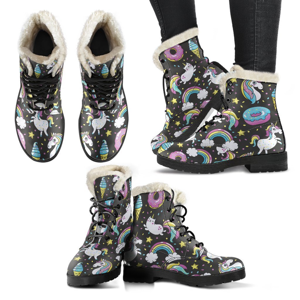 Groovy Hippie Faux Fur Leather Boots - Unicorn Donut Pattern - 2