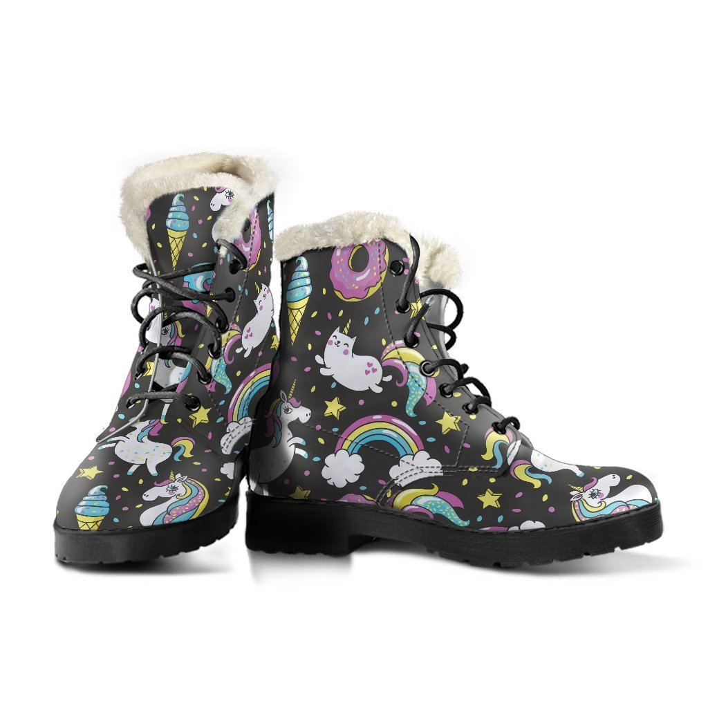 Groovy Hippie Faux Fur Leather Boots - Unicorn Donut Pattern - 3