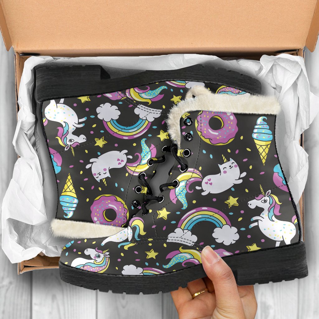 Groovy Hippie Faux Fur Leather Boots - Unicorn Donut Pattern - 5