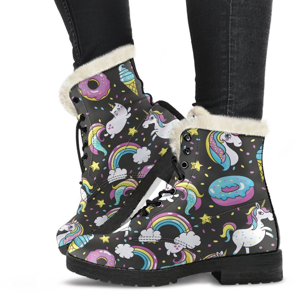 Groovy Hippie Faux Fur Leather Boots - Unicorn Donut Pattern - 1