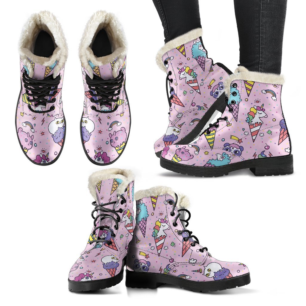 Girly Unicorn Ice Cream Pattern Faux Fur Leather Boots for Groovy Hippies - 2