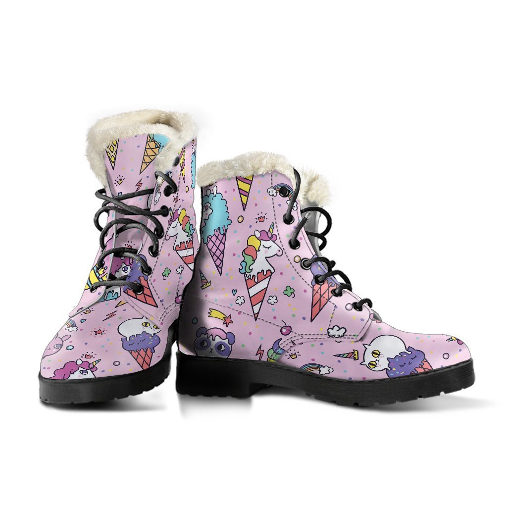 Girly Unicorn Ice Cream Pattern Faux Fur Leather Boots for Groovy Hippies - 3