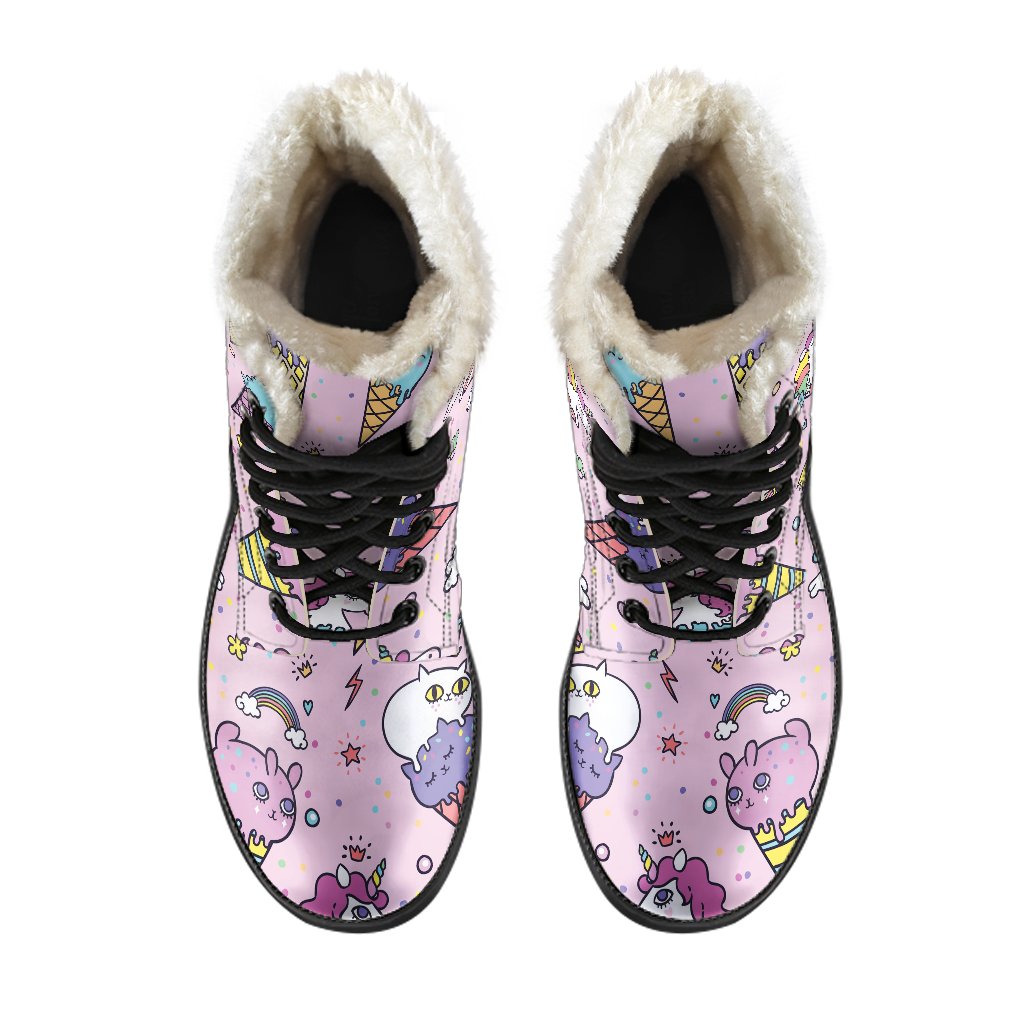 Girly Unicorn Ice Cream Pattern Faux Fur Leather Boots for Groovy Hippies - 4