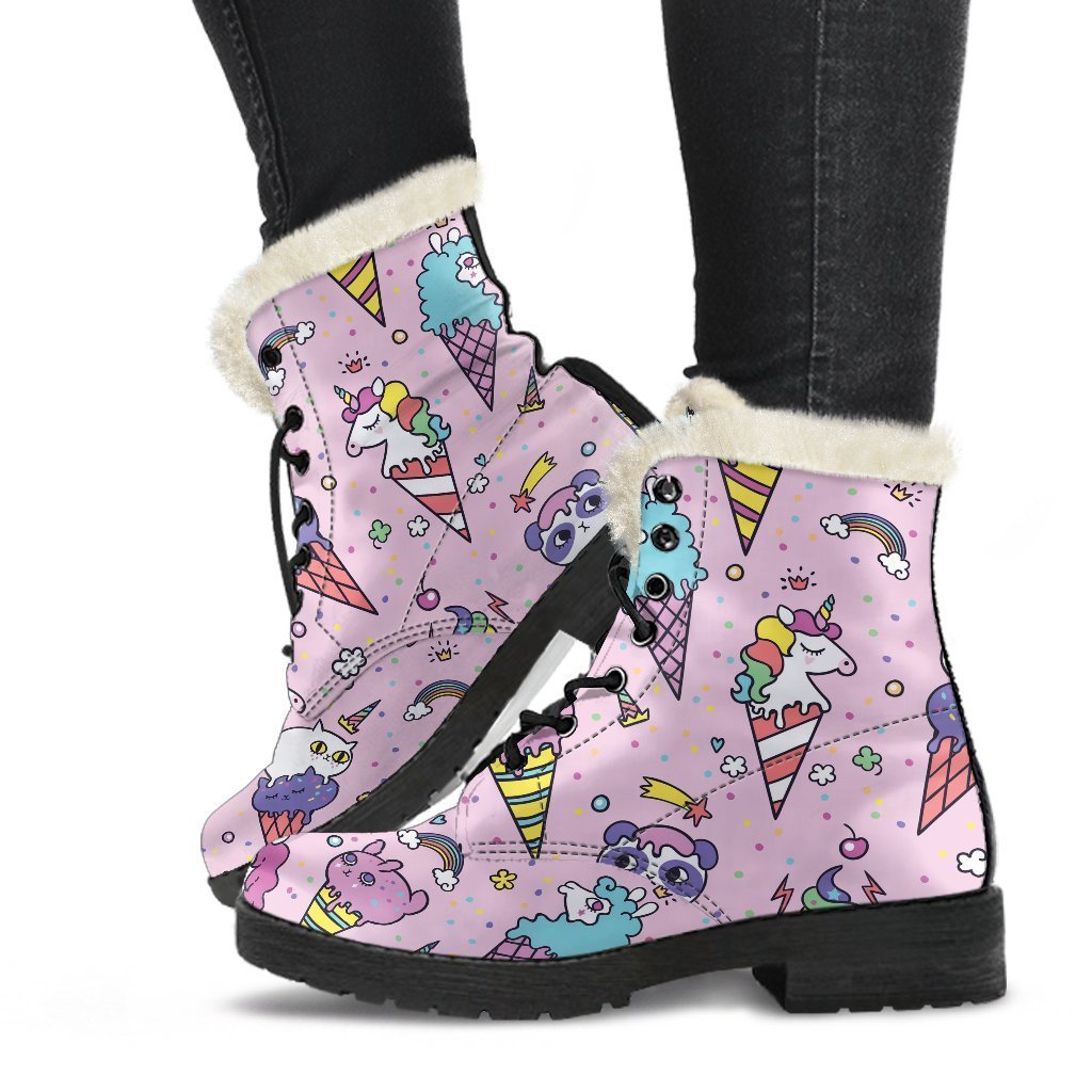 Girly Unicorn Ice Cream Pattern Faux Fur Leather Boots for Groovy Hippies - 1