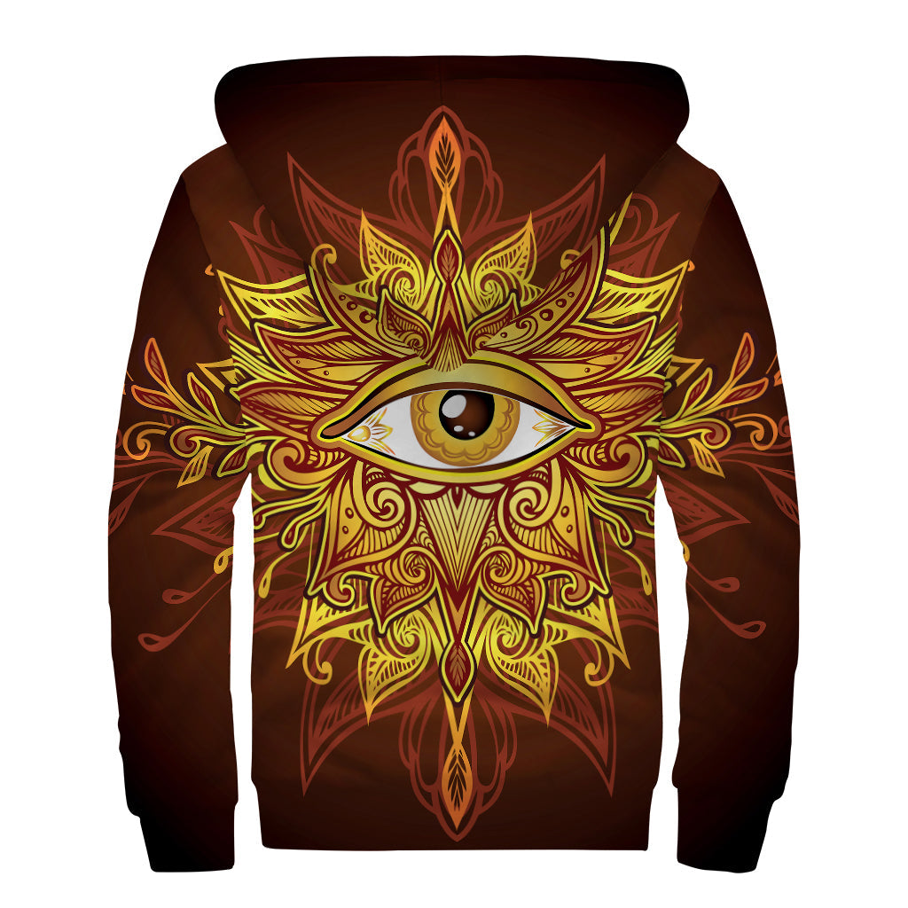 Golden All-Seeing Eye Print Sherpa Lined Zip Up Hoodie for Free-Spirited Hippies - 2