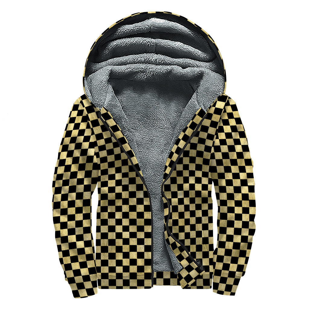 Golden Checkered Bliss: Sherpa Lined Zip Up Hoodie for Hippies - 1