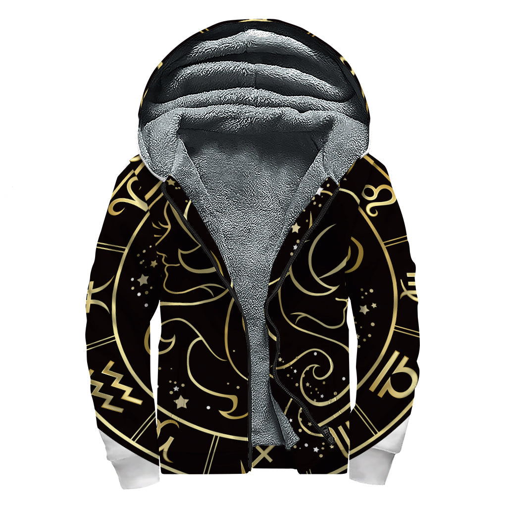 Gold and Black Gemini Sign Sherpa Lined Zip Up Hoodie for the Free-Spirited Hippie - 1