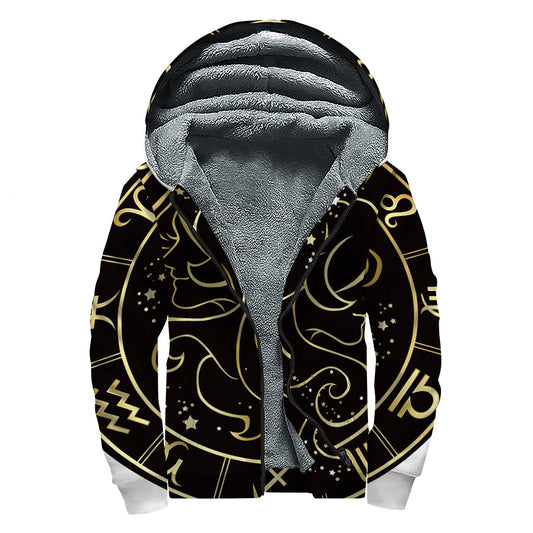 Gold and Black Gemini Sign Sherpa Lined Zip Up Hoodie for the Free-Spirited Hippie - 1