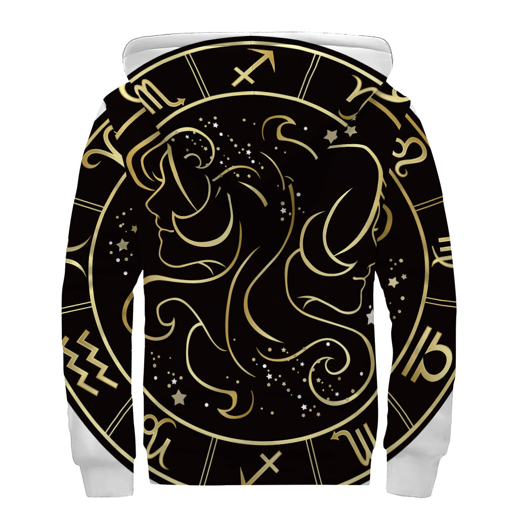 Gold and Black Gemini Sign Sherpa Lined Zip Up Hoodie for the Free-Spirited Hippie - 2