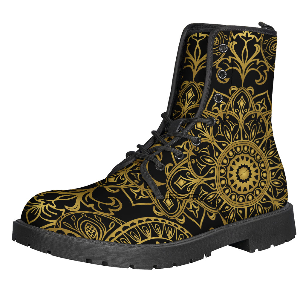 Groovy Gold and Black Mandala Print Leather Boots for Peace-Loving Hippies - 1