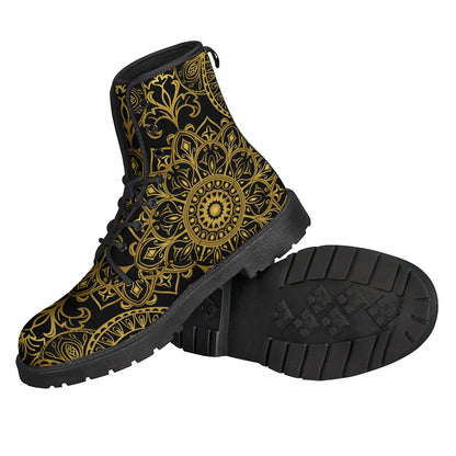 Groovy Gold and Black Mandala Print Leather Boots for Peace-Loving Hippies - 2