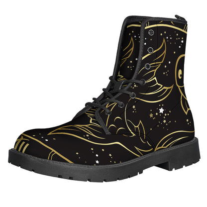 Gold and Black Pisces Sign Print Leather Hippie Boots - 1