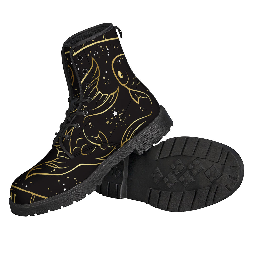 Gold and Black Pisces Sign Print Leather Hippie Boots - 2