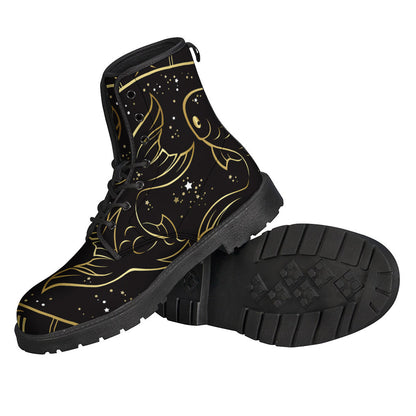 Gold and Black Pisces Sign Print Leather Hippie Boots - 2