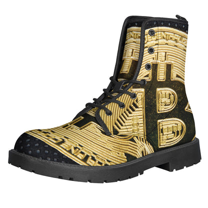 Golden Bitcoin Symbol Print Leather Boots for Free-Spirited Hippies - 1