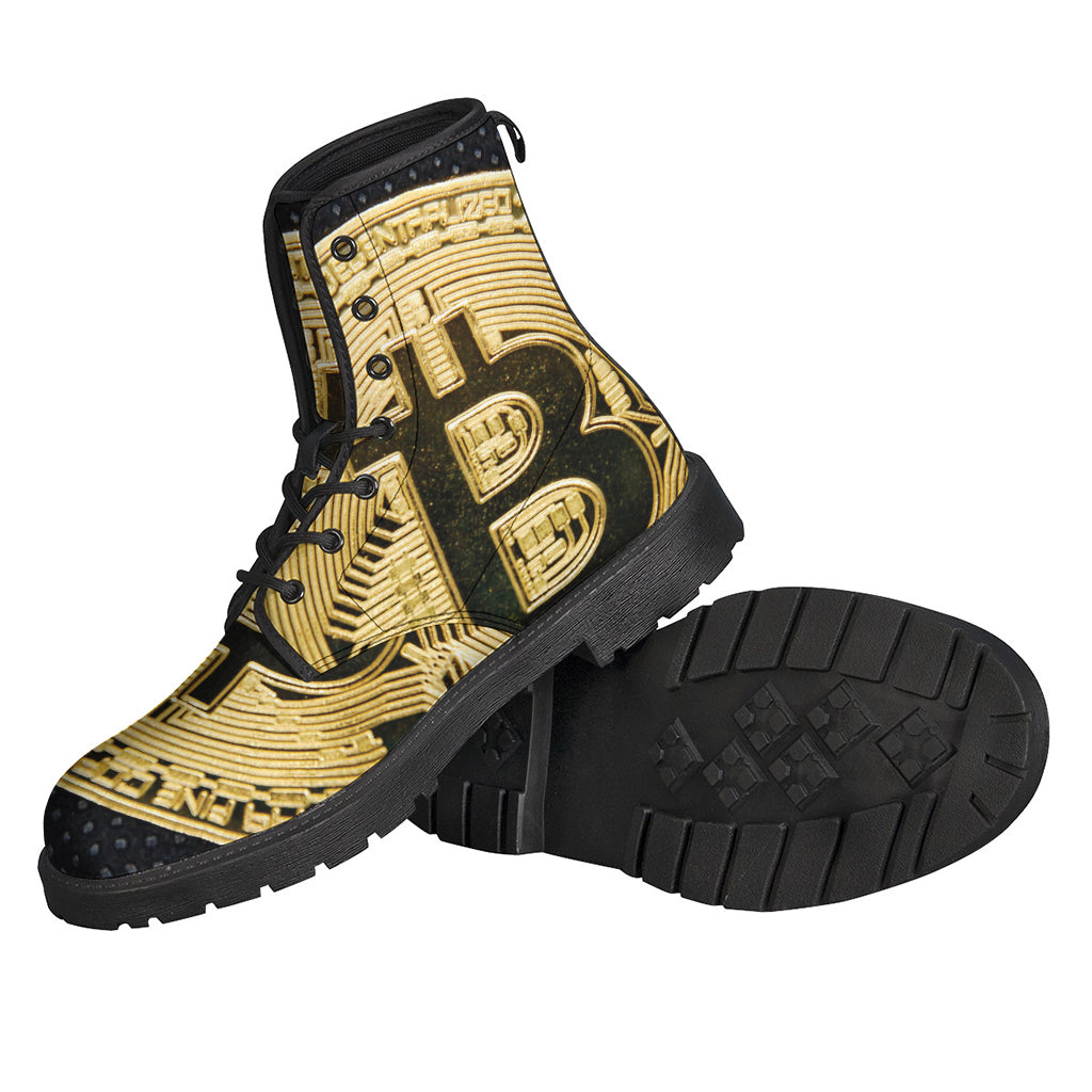 Golden Bitcoin Symbol Print Leather Boots for Free-Spirited Hippies - 2