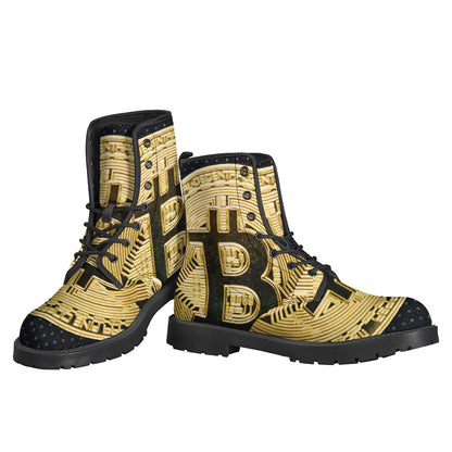 Golden Bitcoin Symbol Print Leather Boots for Free-Spirited Hippies - 3