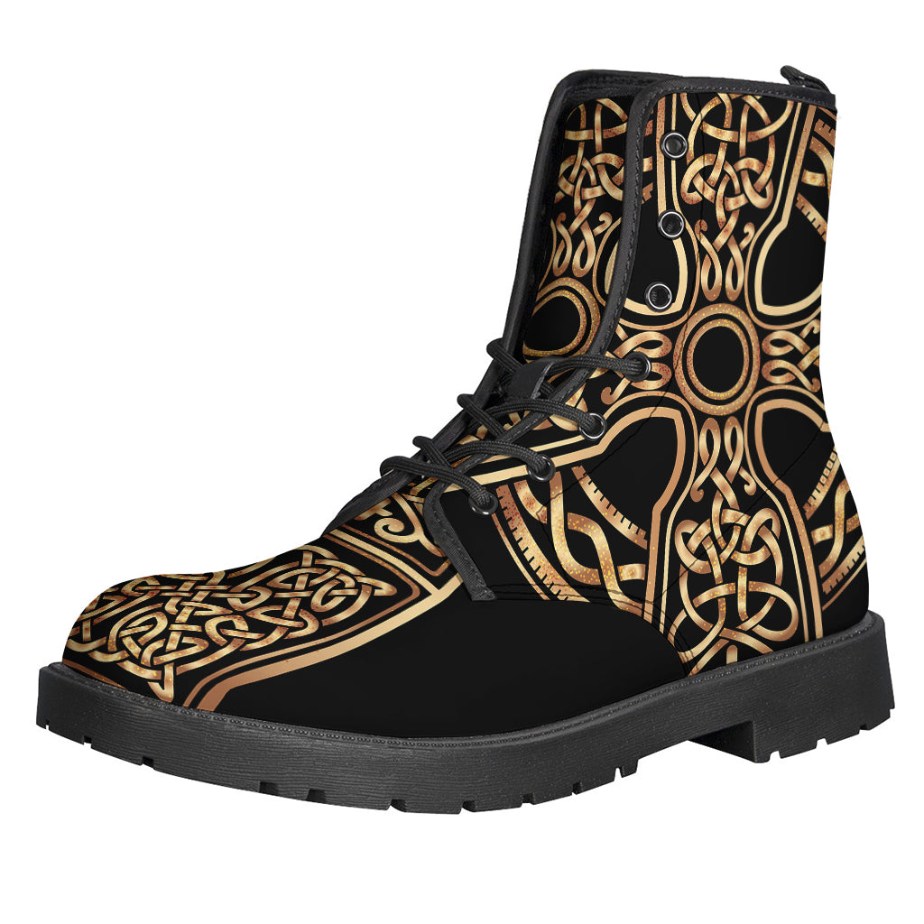 Step into the Magic: Gold Celtic Knot Cross Print Leather Boots for Hippies - 1