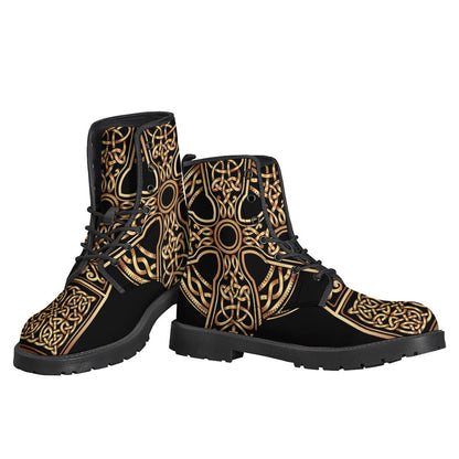 Step into the Magic: Gold Celtic Knot Cross Print Leather Boots for Hippies - 3