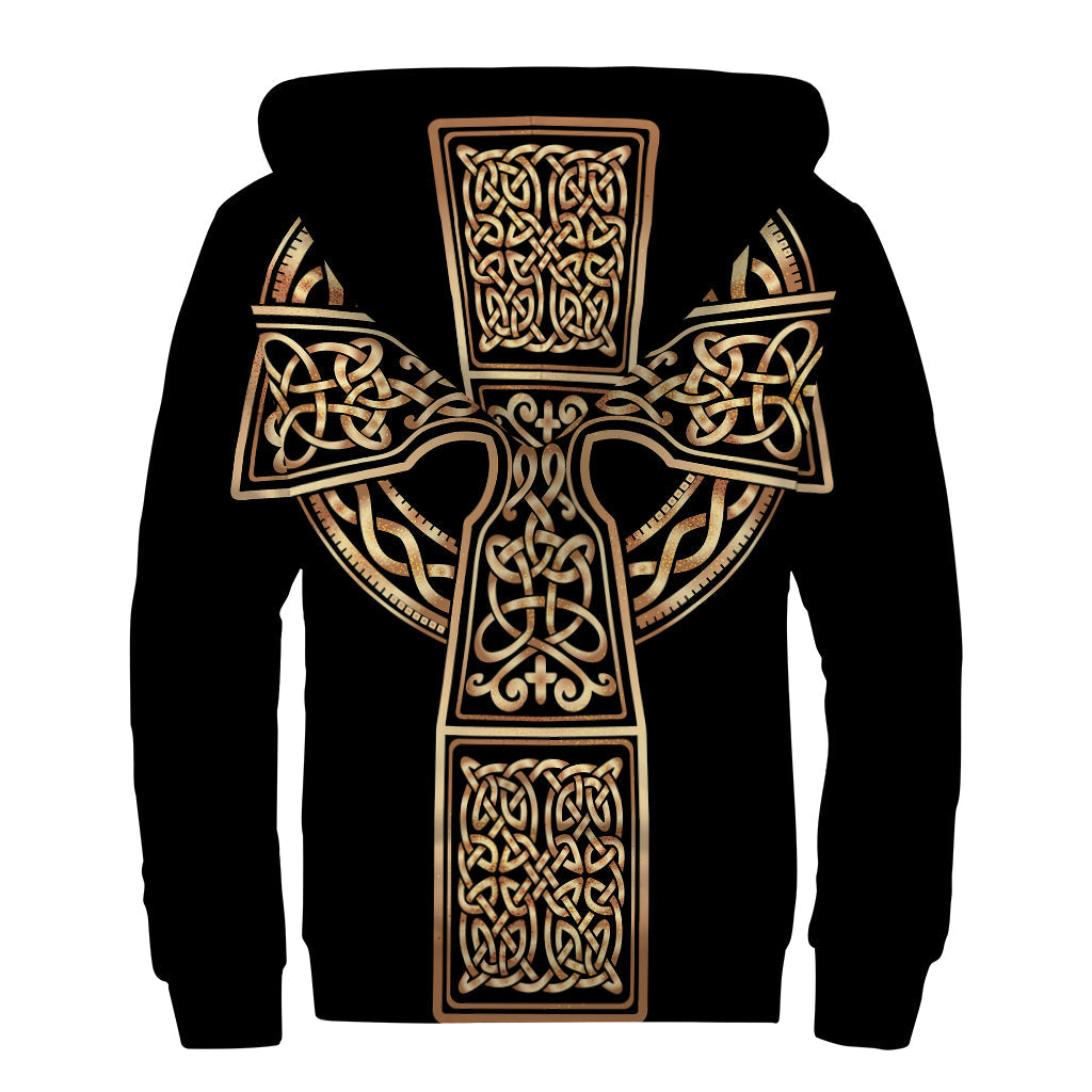 Golden Celtic Knot Cross Sherpa Lined Hoodie for Free-Spirited Hippies - 2