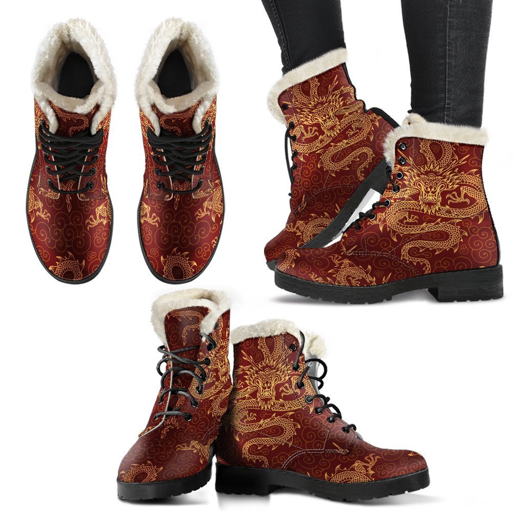 Groovy Dragon Pattern Faux Fur Leather Boots for Fashionable Hippies - 2