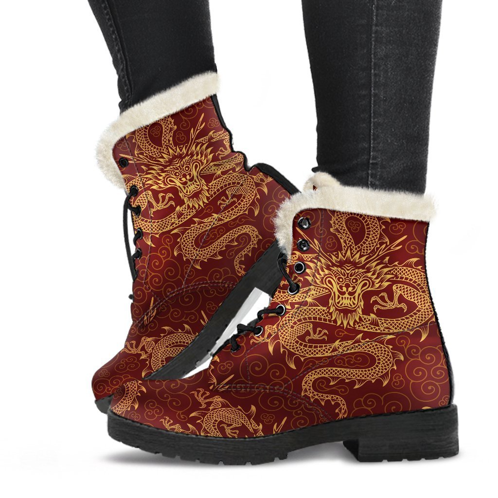 Groovy Dragon Pattern Faux Fur Leather Boots for Fashionable Hippies - 1