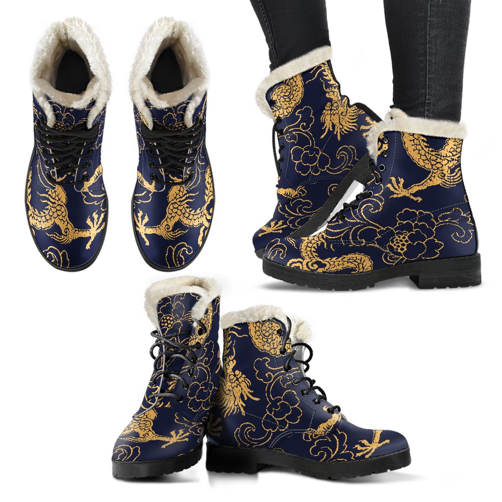 Golden Dragon Pattern Faux Fur Leather Boots for Groovy Hippies - 2