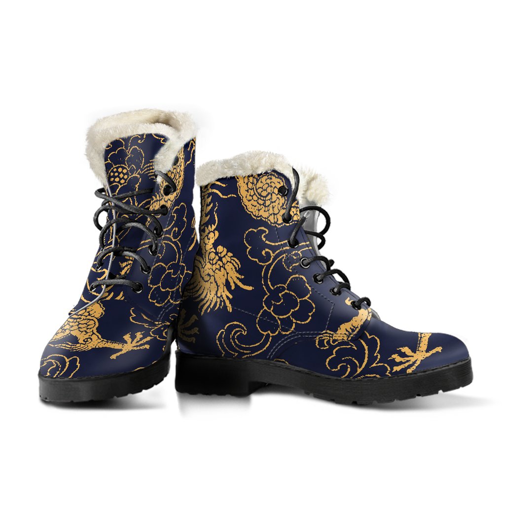 Golden Dragon Pattern Faux Fur Leather Boots for Groovy Hippies - 3