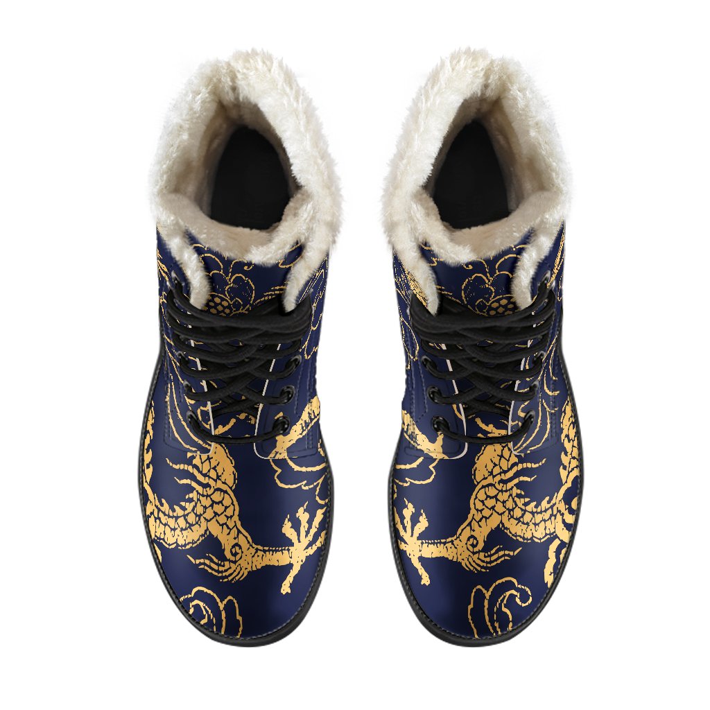 Golden Dragon Pattern Faux Fur Leather Boots for Groovy Hippies - 4