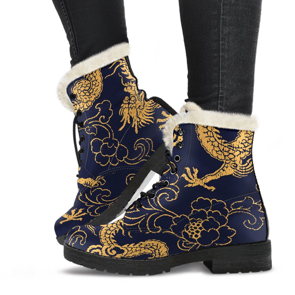 Golden Dragon Pattern Faux Fur Leather Boots for Groovy Hippies - 1