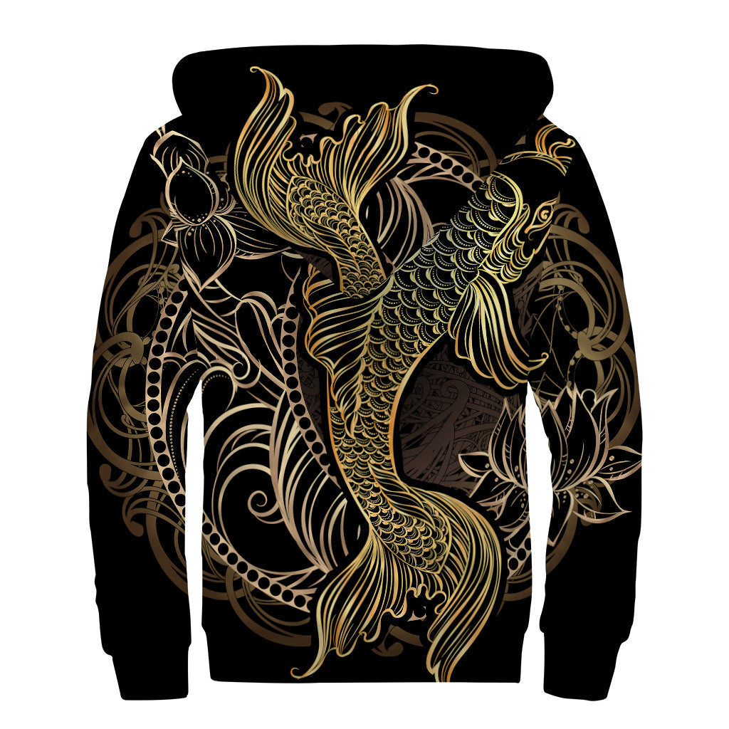 Golden Koi Fish Print Sherpa Lined Zip Up Hoodie for Groovy Hippies - 2