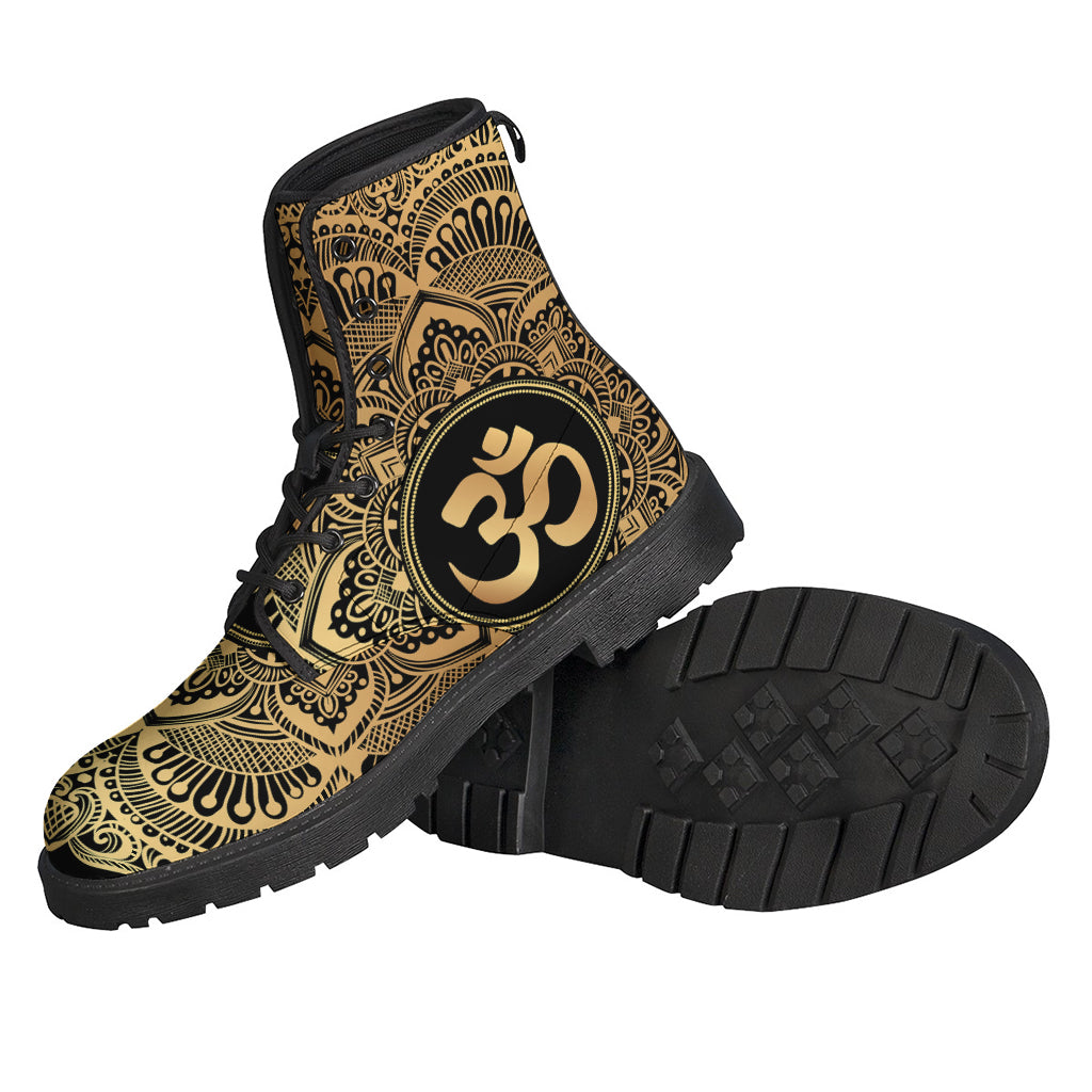 Gold Om Mandala Print Leather Boots: Walking in Hippie Style - 2