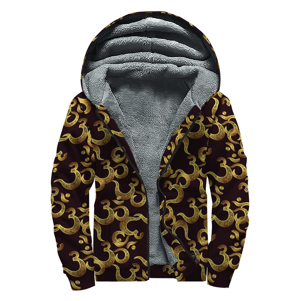 Gold Om Symbol Pattern Sherpa-Lined Zip Up Hoodie for Groovy Hippies - 1