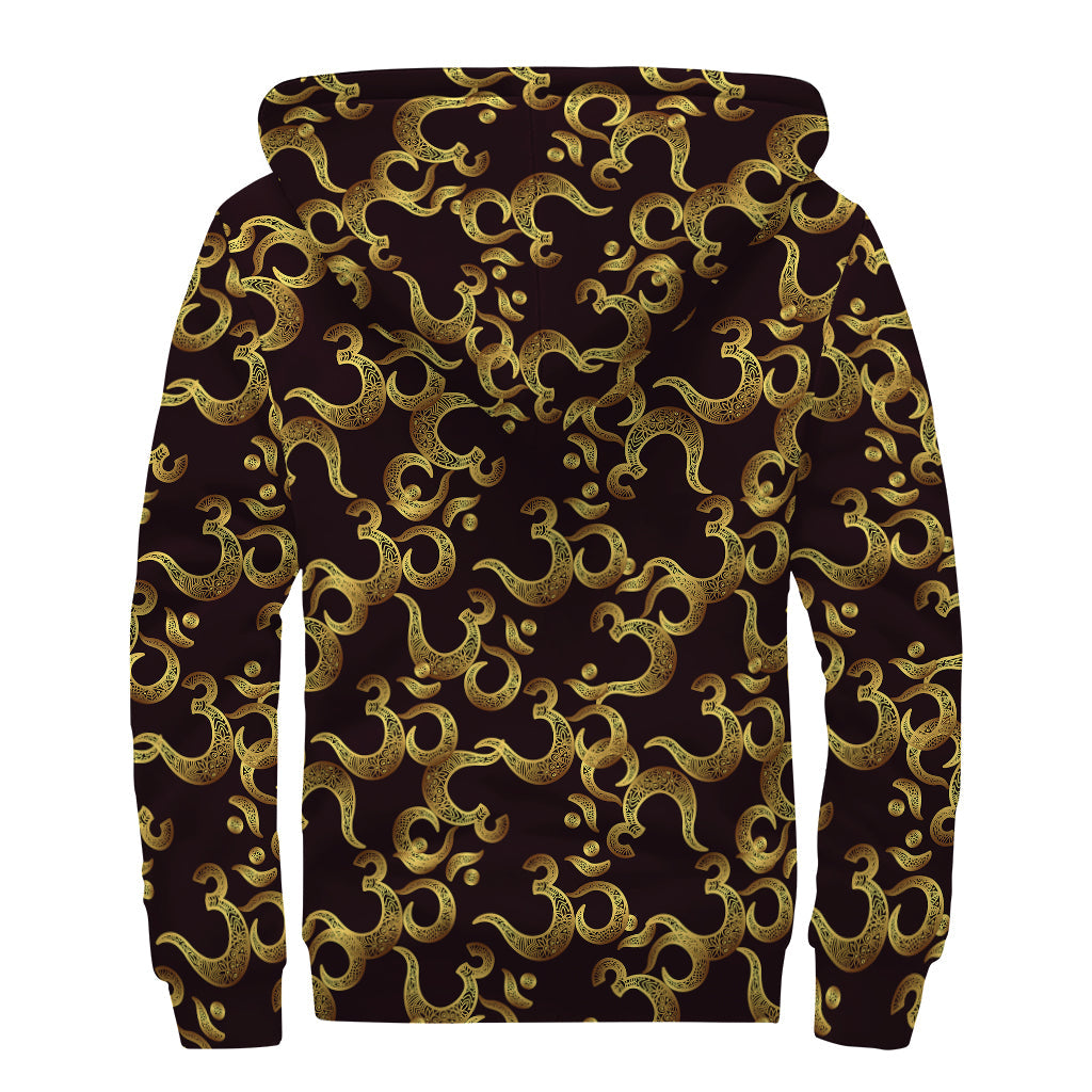 Gold Om Symbol Pattern Sherpa-Lined Zip Up Hoodie for Groovy Hippies - 2