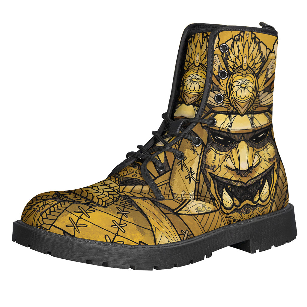 Gold Samurai Mask Print Leather Lightweight Boots: Channel Your Inner Hippie Warrior - 1