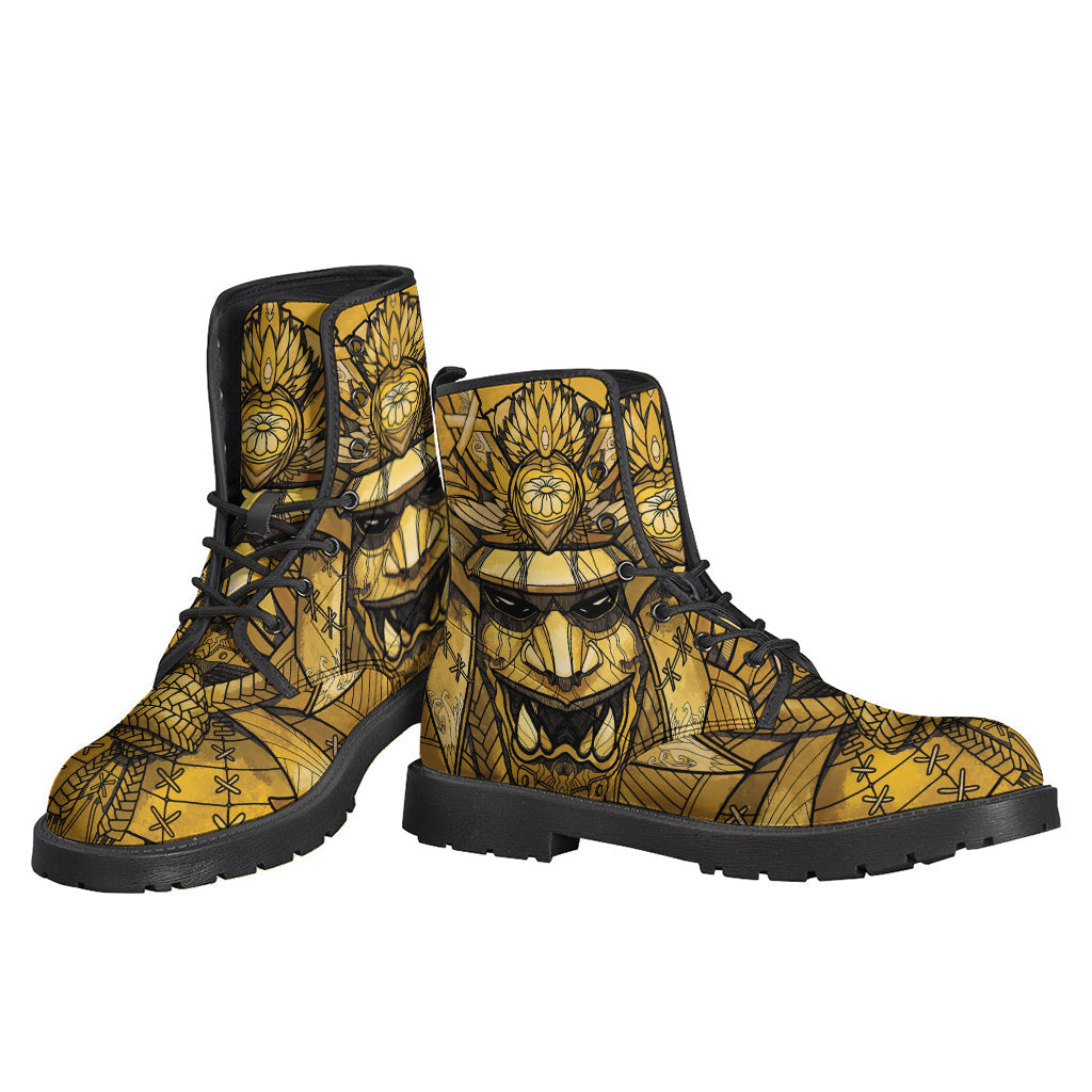 Gold Samurai Mask Print Leather Lightweight Boots: Channel Your Inner Hippie Warrior - 3