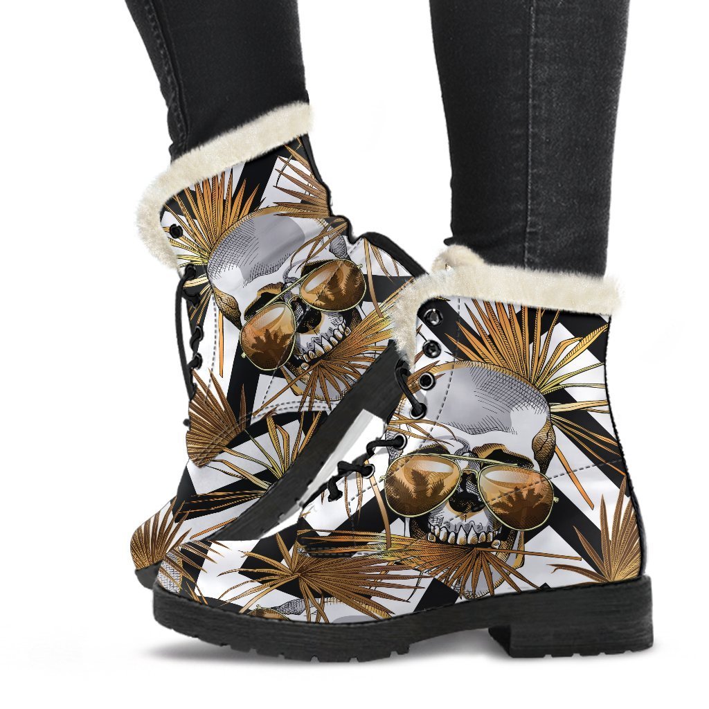 Groovy Vibes: Gold Tropical Skull Faux Fur Leather Boots for the Modern Hippie - 2