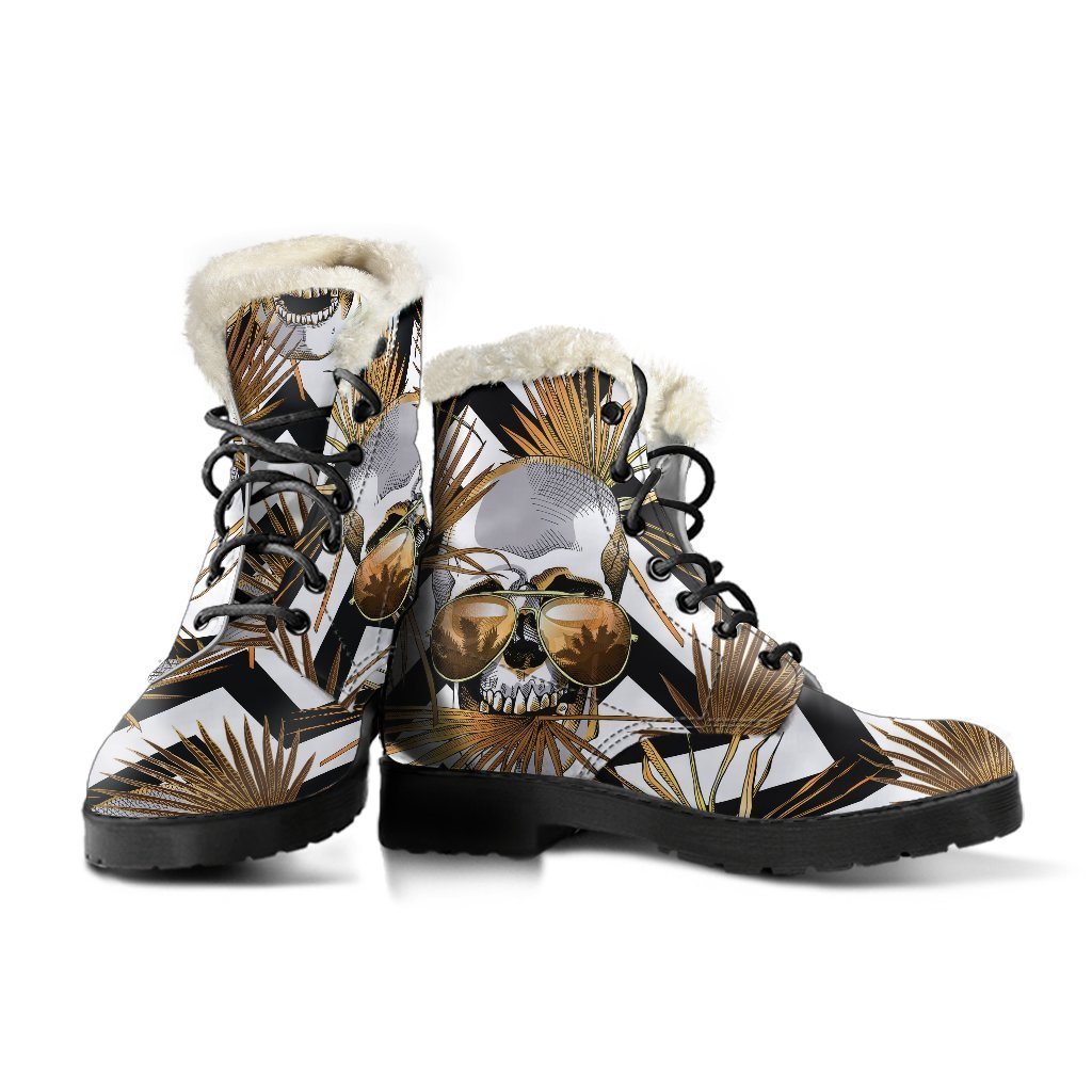 Groovy Vibes: Gold Tropical Skull Faux Fur Leather Boots for the Modern Hippie - 3