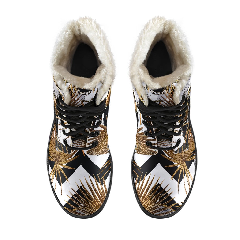 Groovy Vibes: Gold Tropical Skull Faux Fur Leather Boots for the Modern Hippie - 4