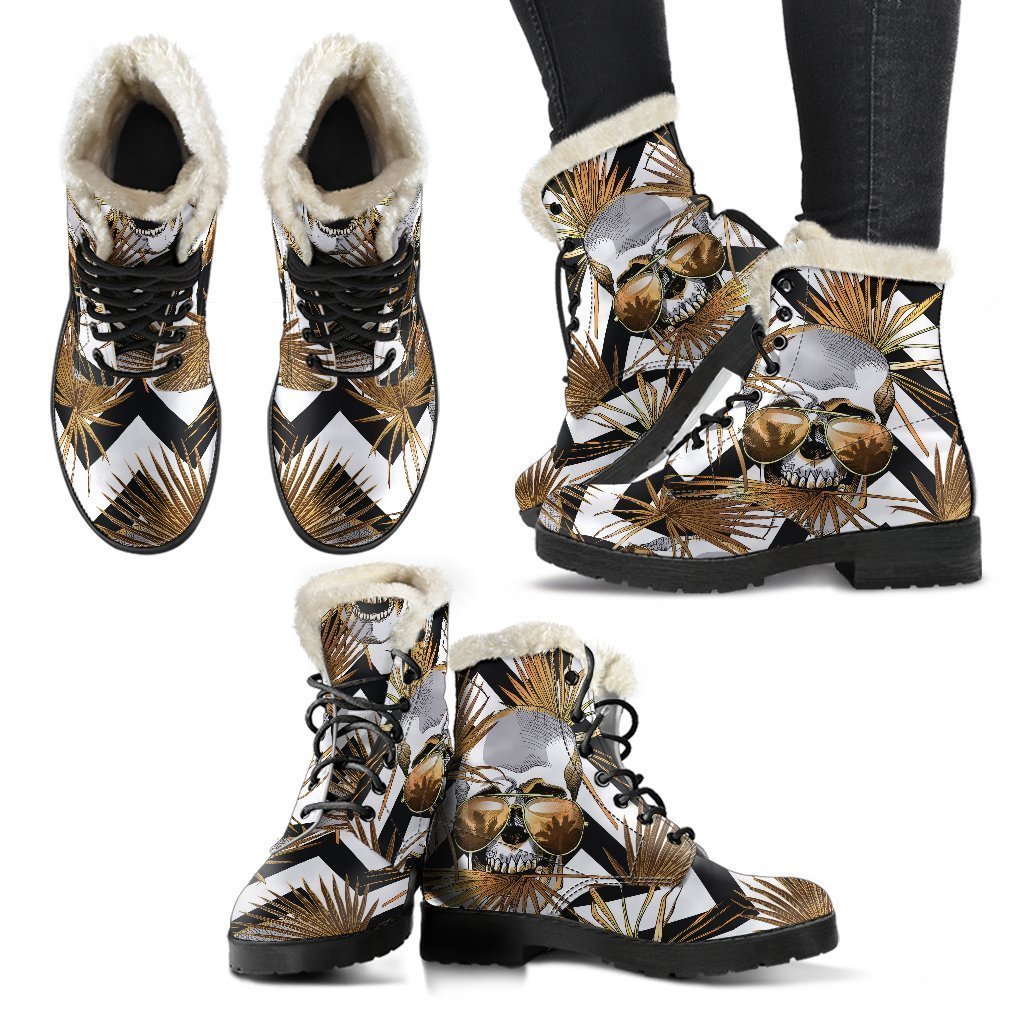 Groovy Vibes: Gold Tropical Skull Faux Fur Leather Boots for the Modern Hippie - 1