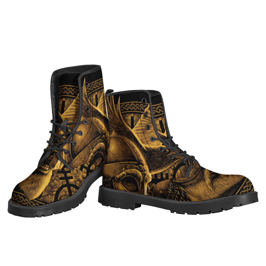 Groovy Vibes: Gold Viking God Odin and Crow Print Leather Boots for the Free Spirited Hippies - 3