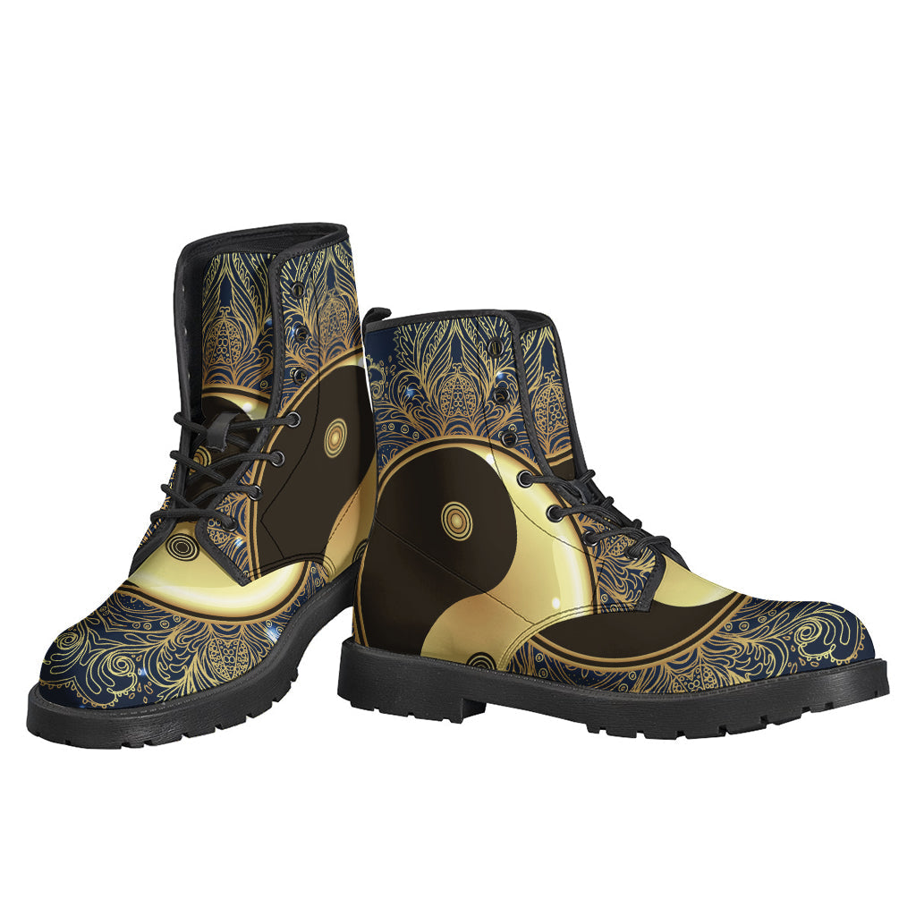 Groovy Leather Lightweight Boots for the Peaceful Souls - Gold Yin Yang Mandala Print - 3