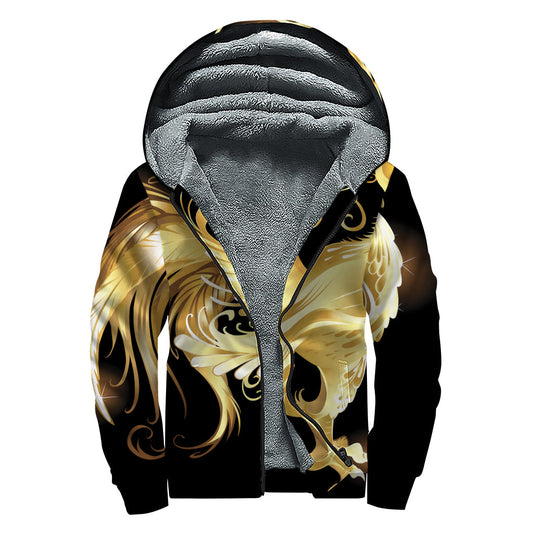 Golden Rooster Print Hippie Chic Sherpa Lined Zip Up Hoodie - 1