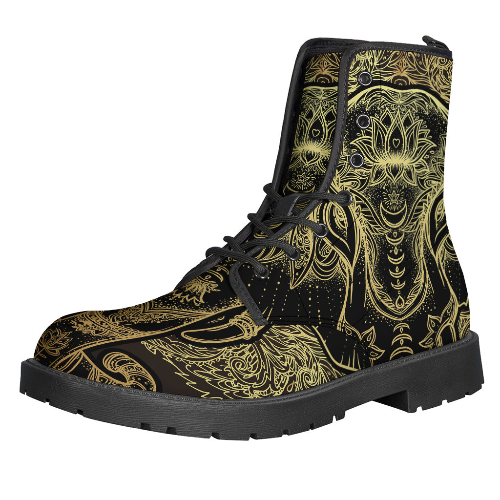 Golden Spiritual Elephant Print Leather Boots: Embrace Your Inner Hippie Style - 1