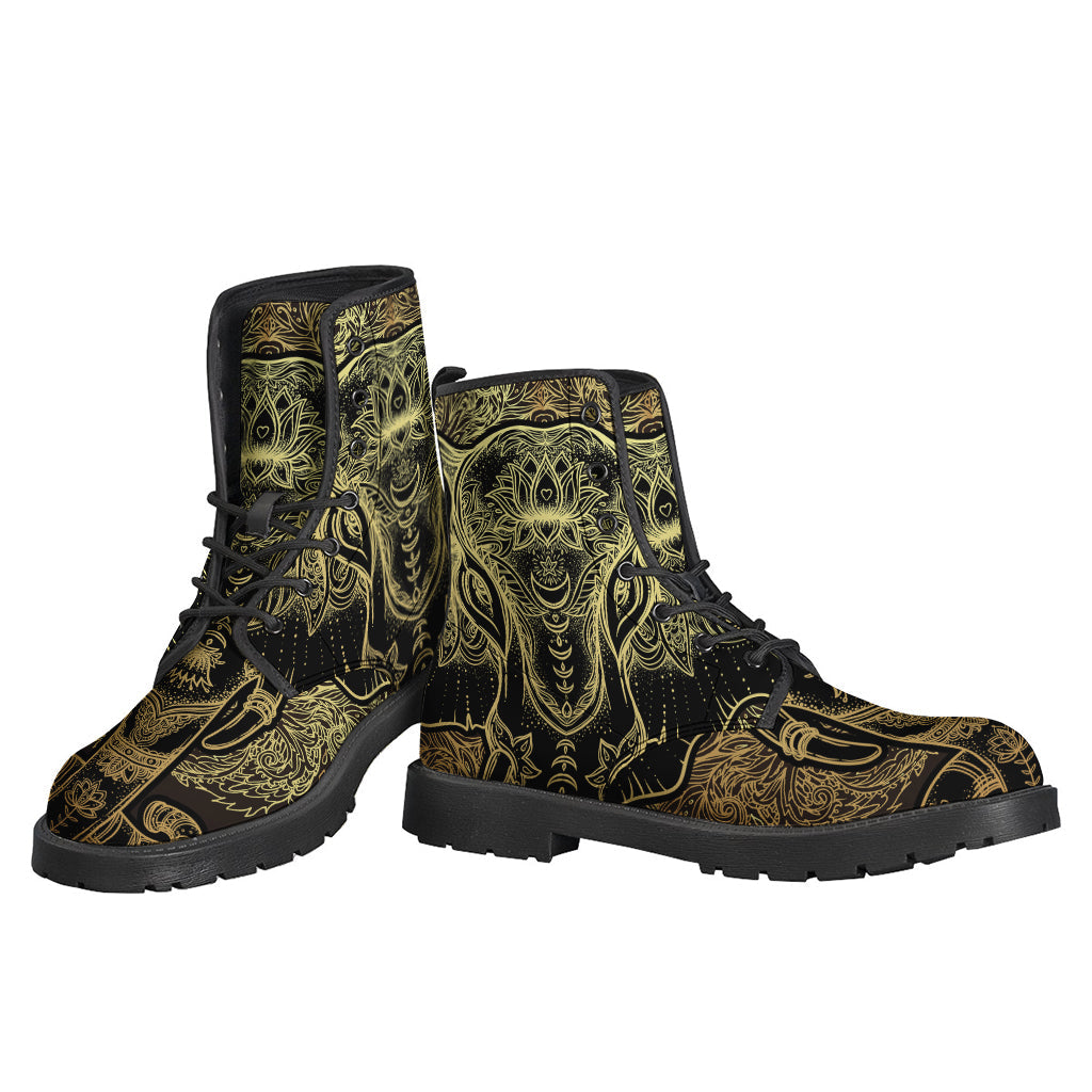 Golden Spiritual Elephant Print Leather Boots: Embrace Your Inner Hippie Style - 3