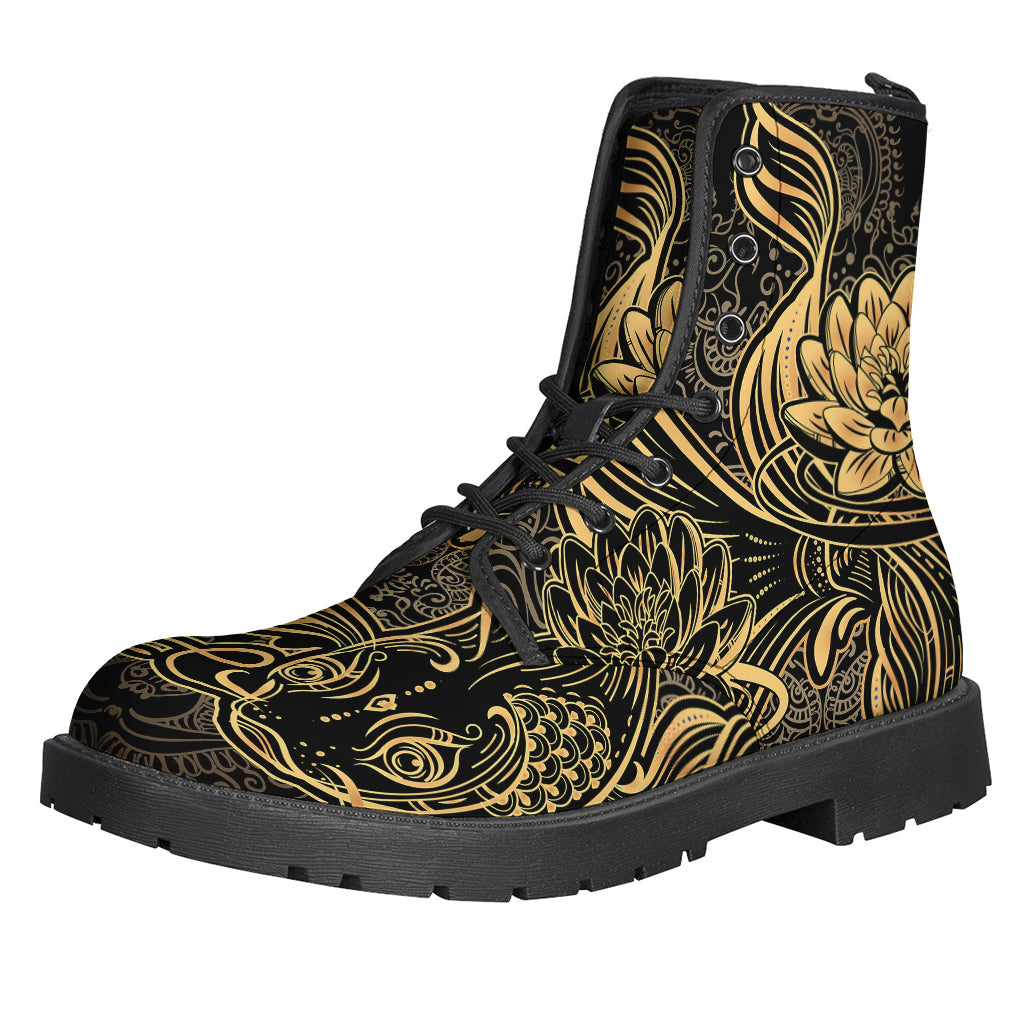 Golden Spiritual Koi Carp Printed Leather Boots for the Free-Spirited Hippie - 1