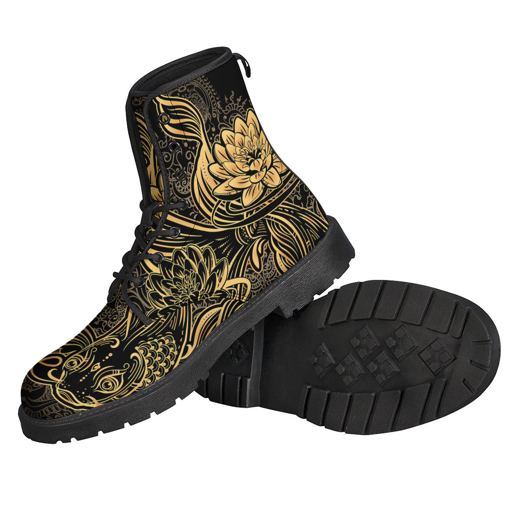 Golden Spiritual Koi Carp Printed Leather Boots for the Free-Spirited Hippie - 2