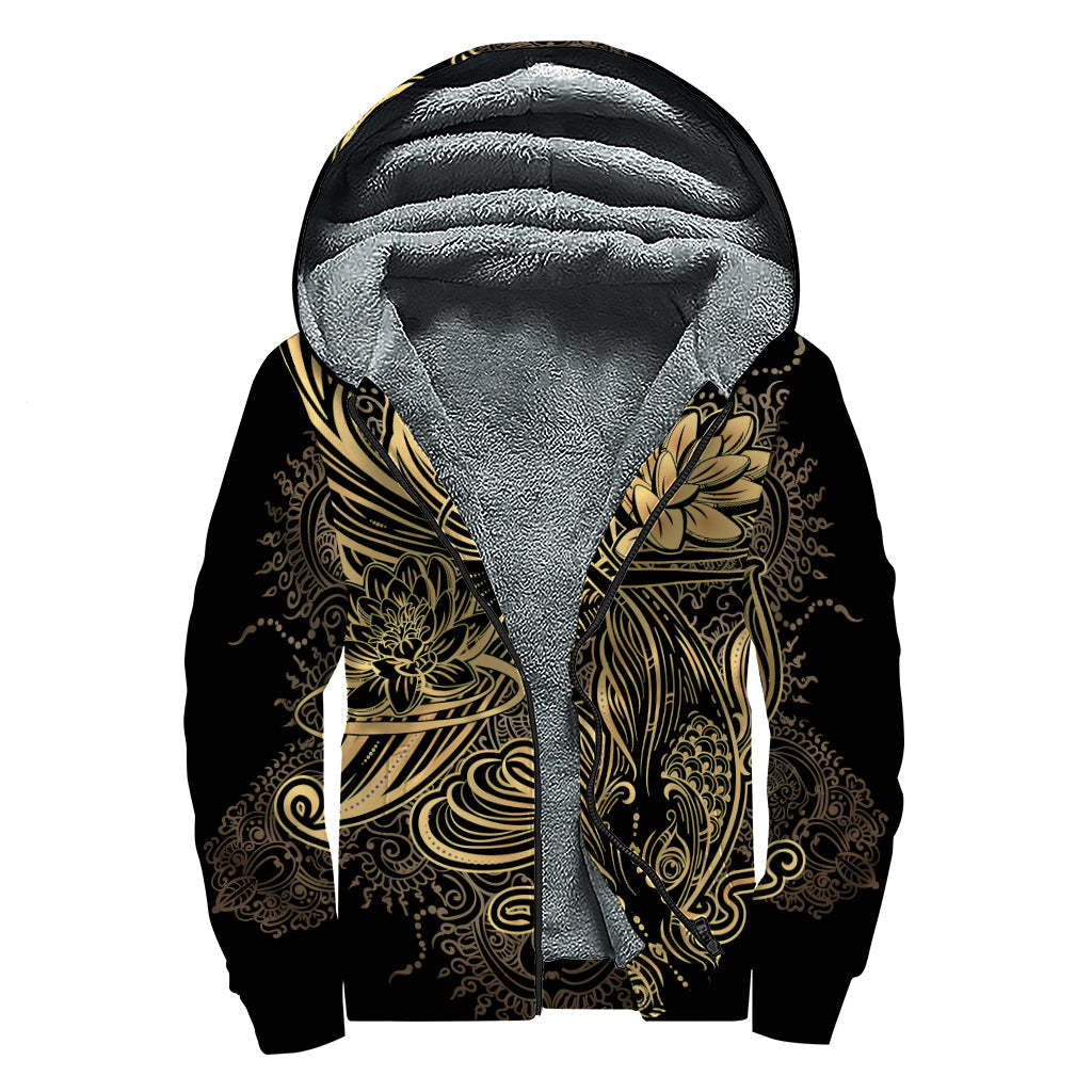 Golden Spiritual Koi Carp Sherpa Lined Zip Up Hoodie - Embrace the Hippie Style - 1